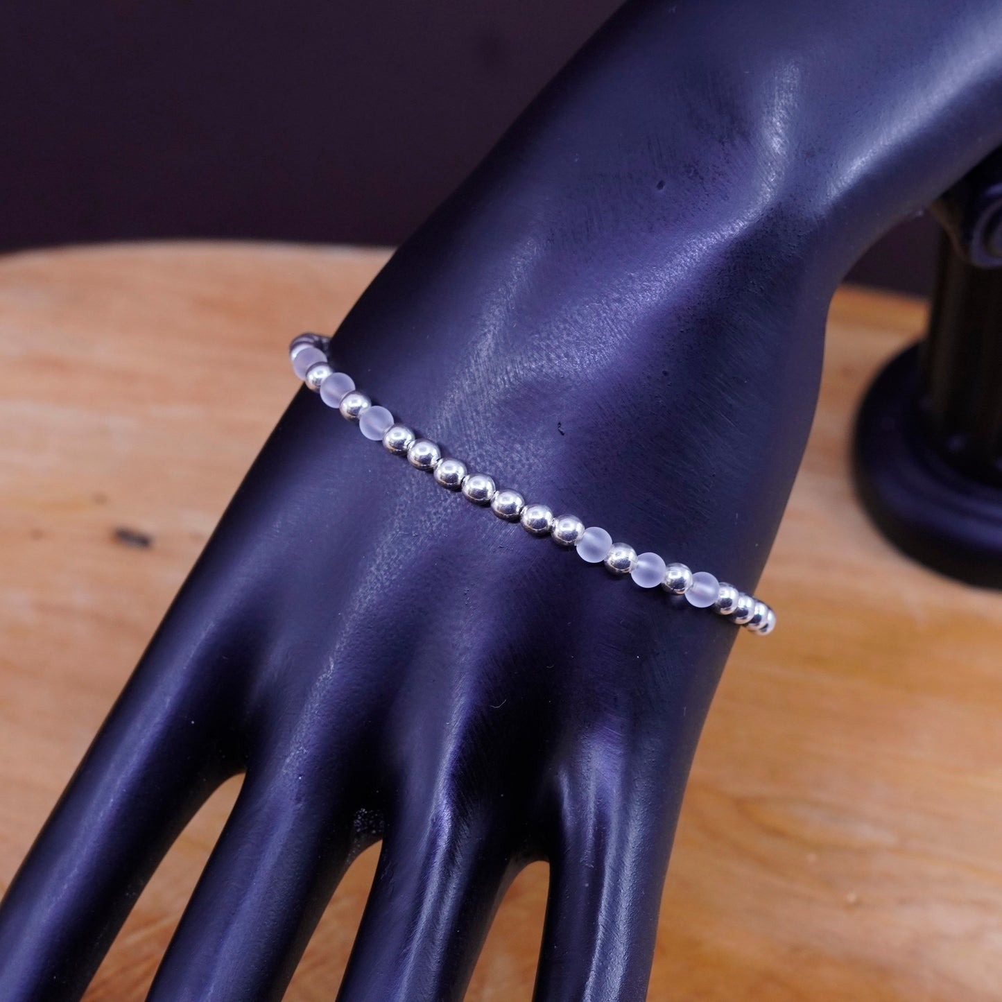 7.5”, Vintage Sterling silver handmade bracelet, 925 beads with crystal