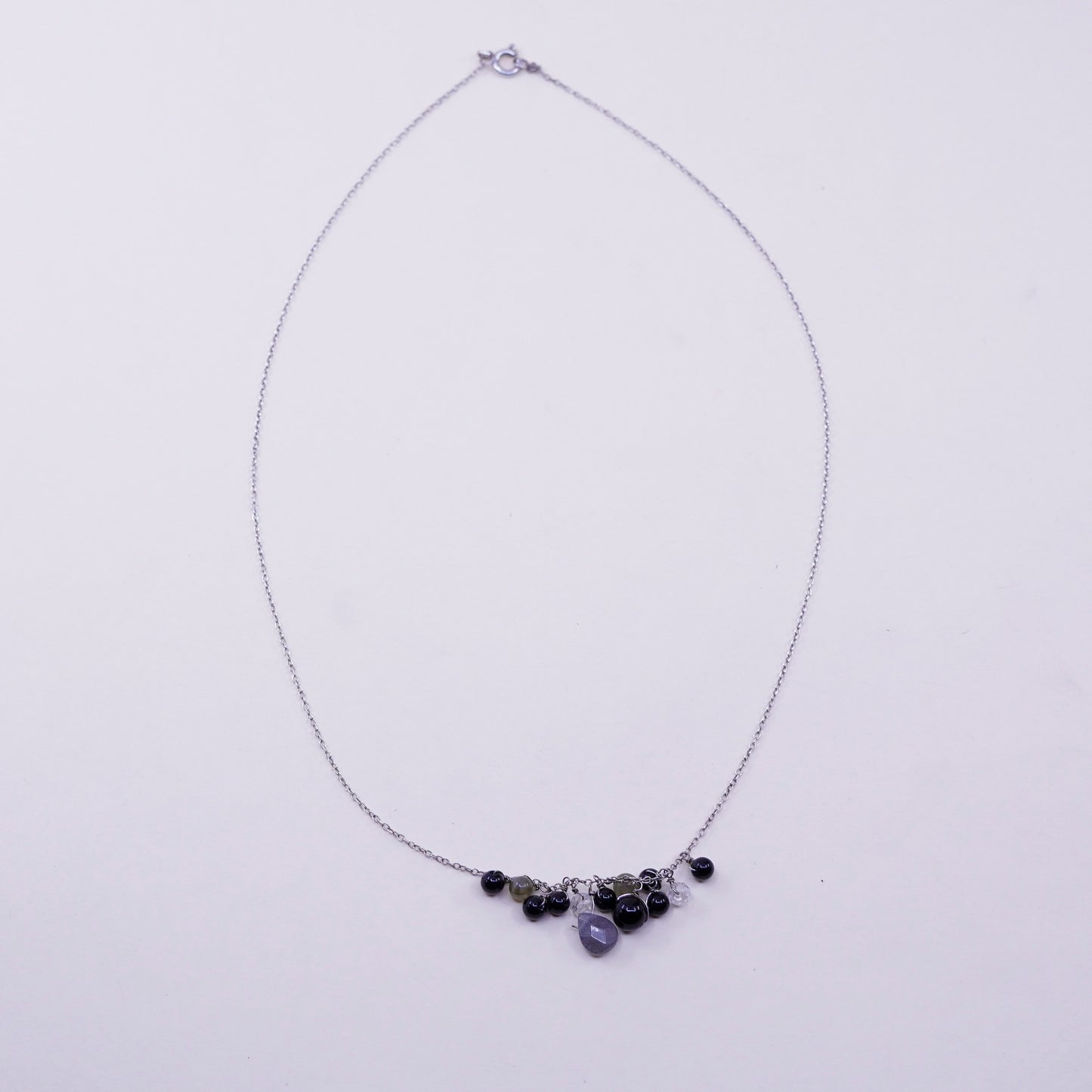 18”, Sterling 925 silver necklace chain cluster labradorite obsidian beads