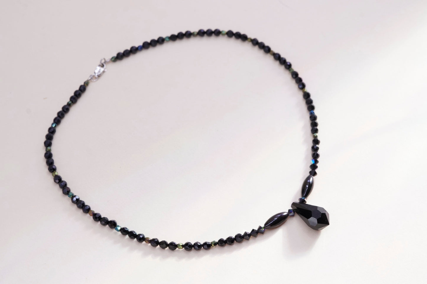 16”, sterling 925 silver handmade beads necklace N teardrop obsidian pendant
