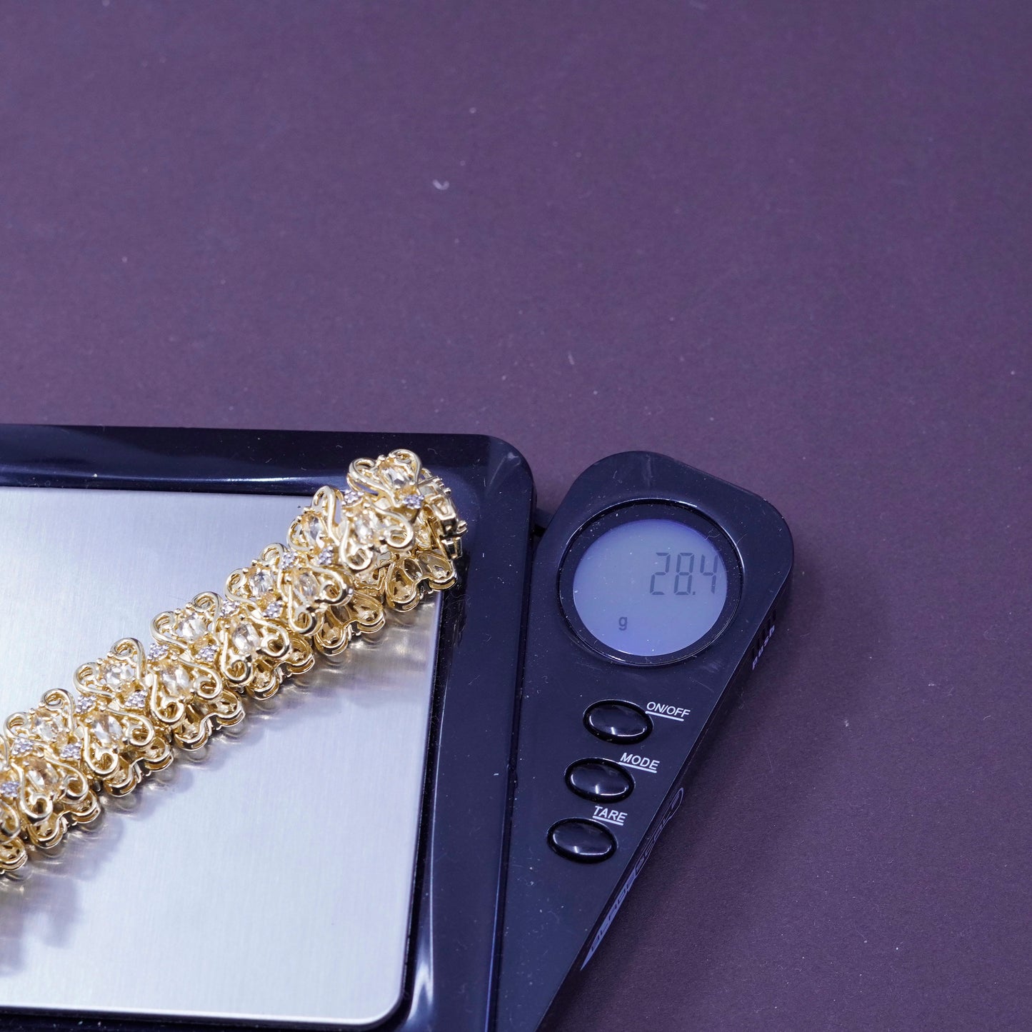 7.25”, 15mm, vermeil gold over Sterling silver tennis bracelet, 925 heart chain