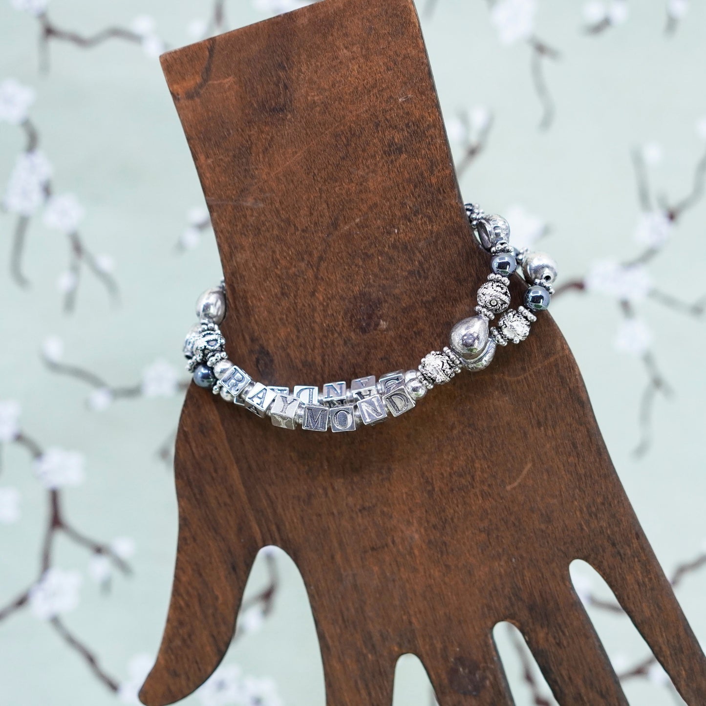 6.75”, Sterling 925 Silver hematite beads bracelet names “Raymond Sandra” cubes