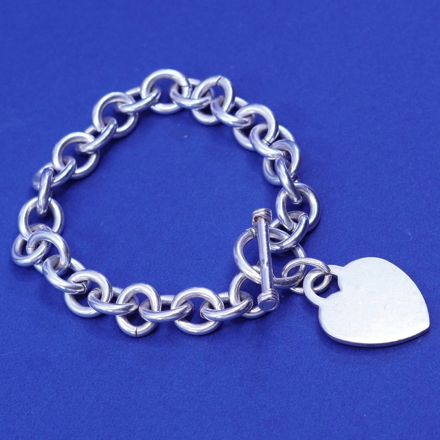 6.25”, vintage Sterling silver bracelet, 925 bold circle chain heart tag charm