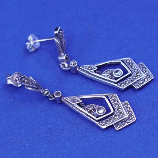 Vintage sterling silver handmade earrings, 925 teardrop with marcasite