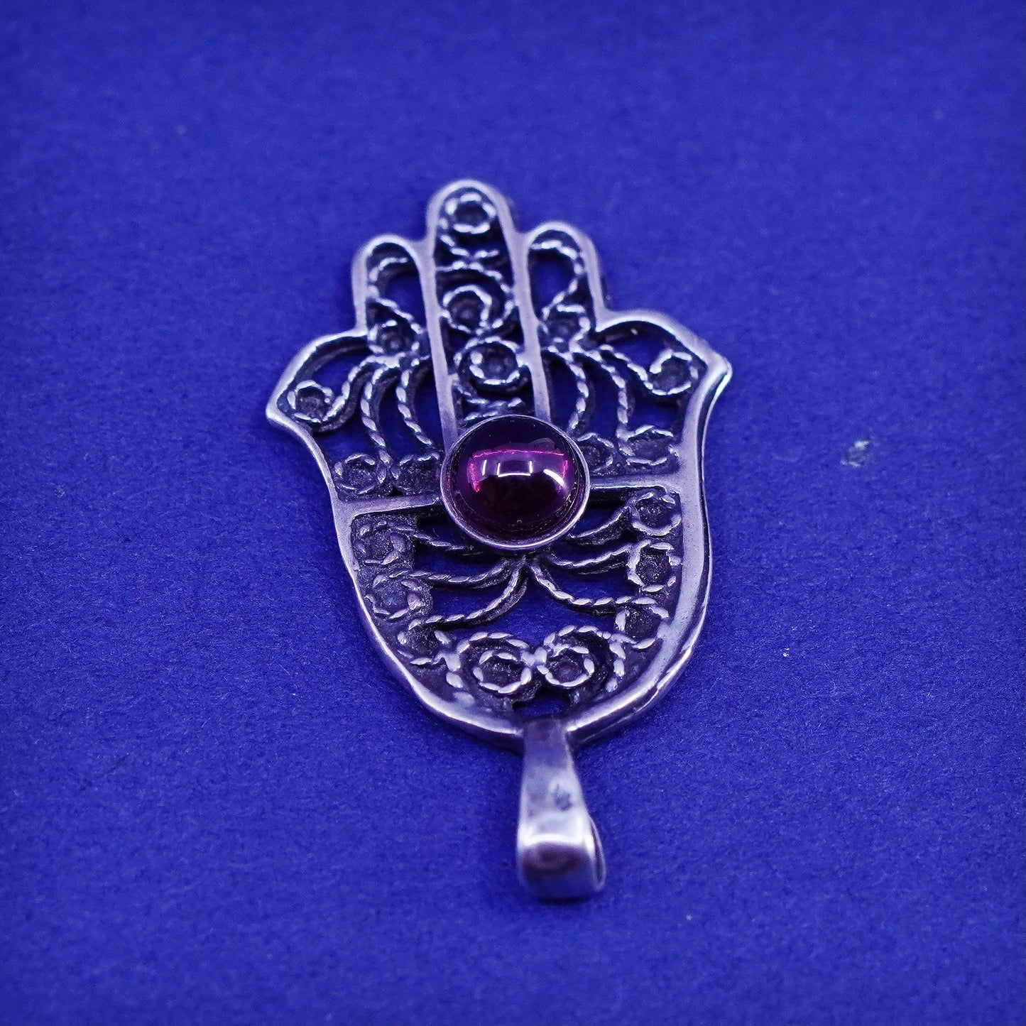 Vintage Sterling silver handmade pendant, 925 filigree hand with garnet