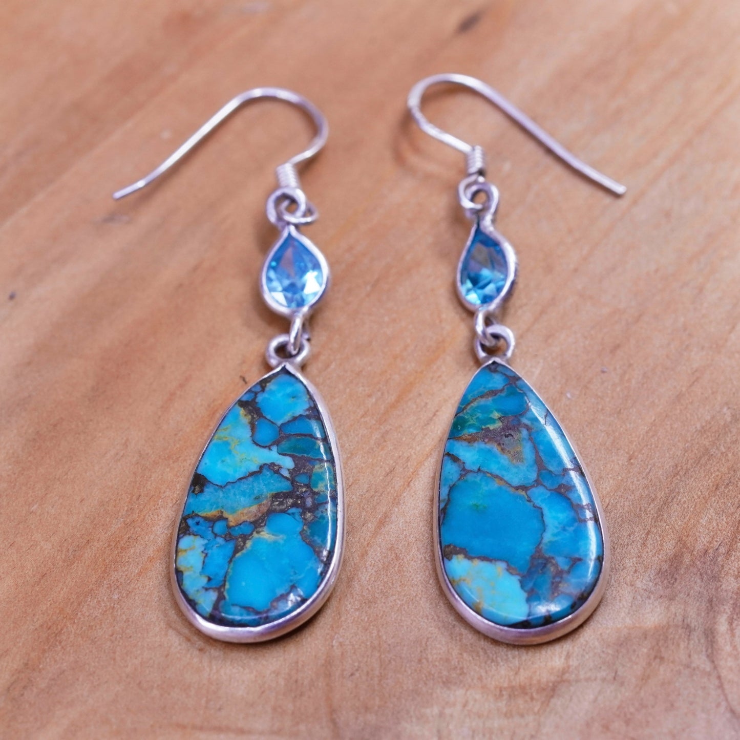 Vintage Sterling 925 silver handmade teardrop earrings with turquoise and topaz