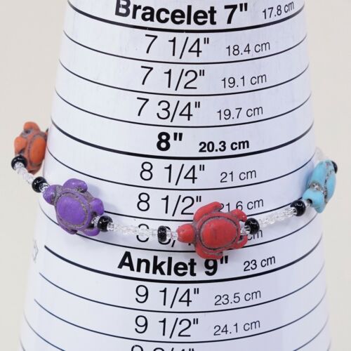 8.75”, Vtg Handmade Bead Bracelet, Clear Beads With Colorful Turtle