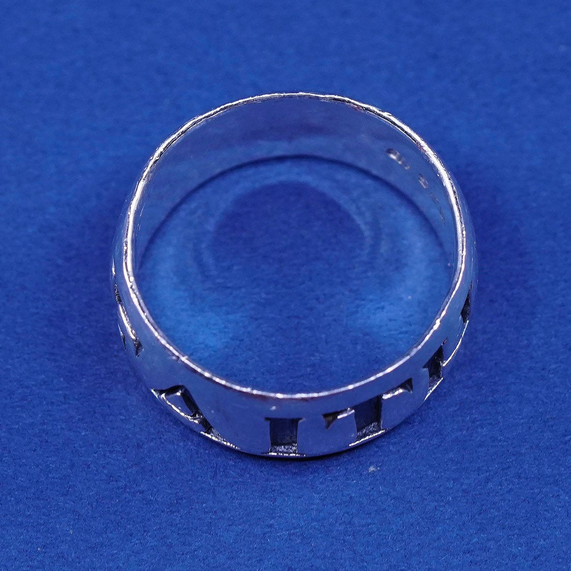 sz 6.75, vtg CF sterling silver handmade ring, 925 band w/ faith embossed