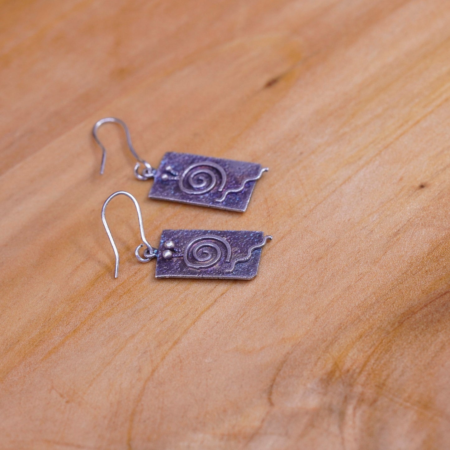 Vintage handmade sterling silver earrings, 925 rectangular dangle swirl relief
