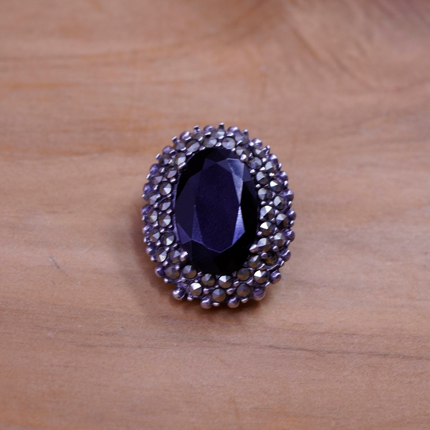 Mexico Sterling silver handmade earrings, 925 oval obsidian clip on marcasite