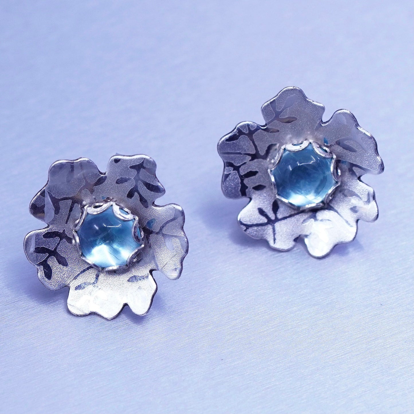 Sterling 925 silver handmade earrings 14K gold posts, flower studs blue Crystal