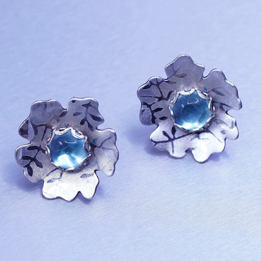 Sterling 925 silver handmade earrings 14K gold posts, flower studs blue Crystal