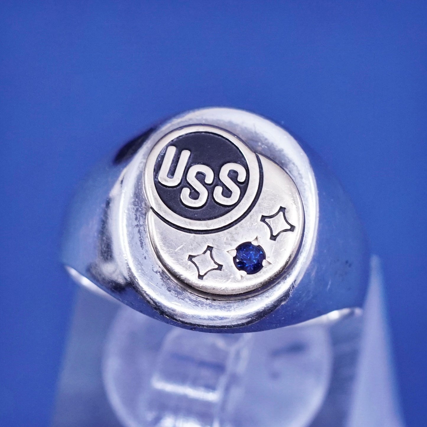 Size 8.75, vtg two tone sterling silver ring, 925 band with copper embossed USS