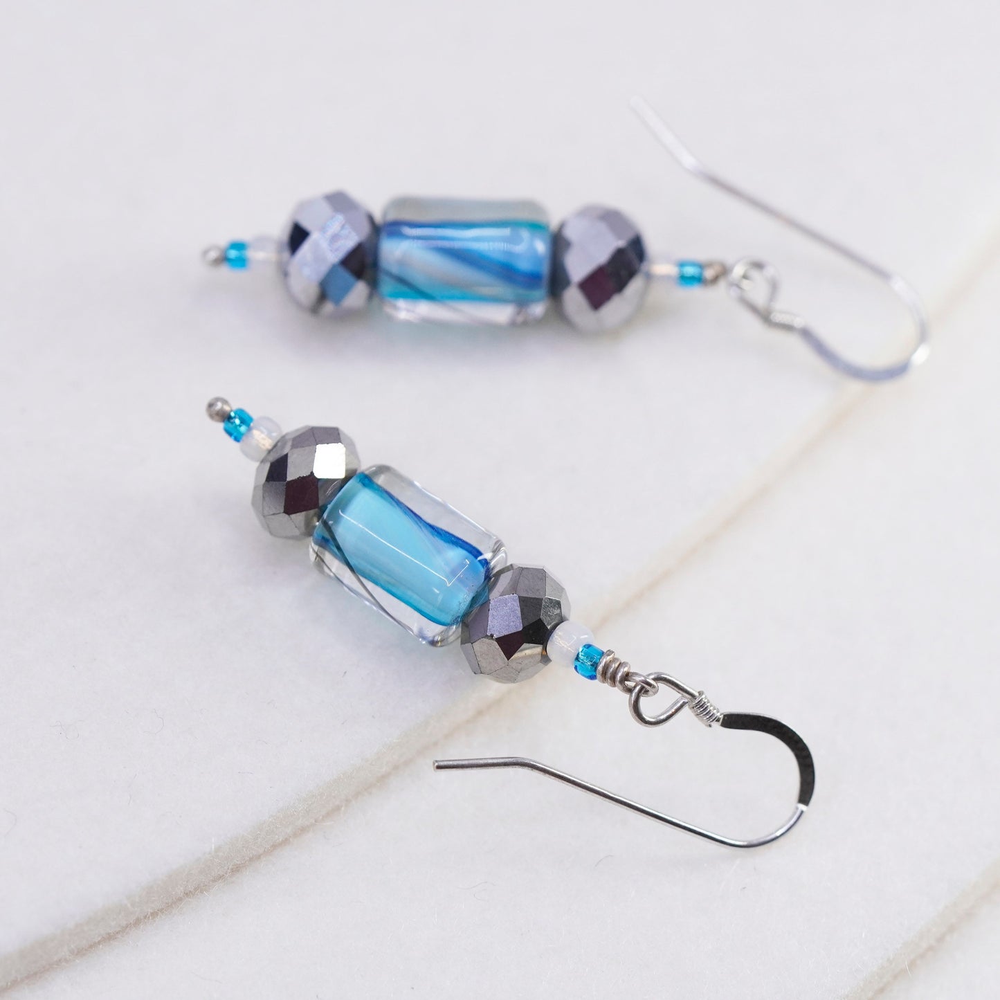 vintage Sterling silver handmade earrings, 925 blue glass tube