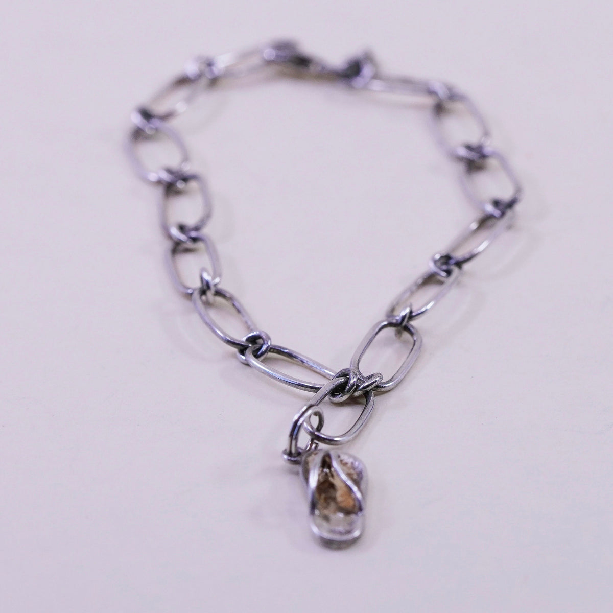 8.25”, Vintage sterling silver handmade bracelet, 925 oval chain sandal charm