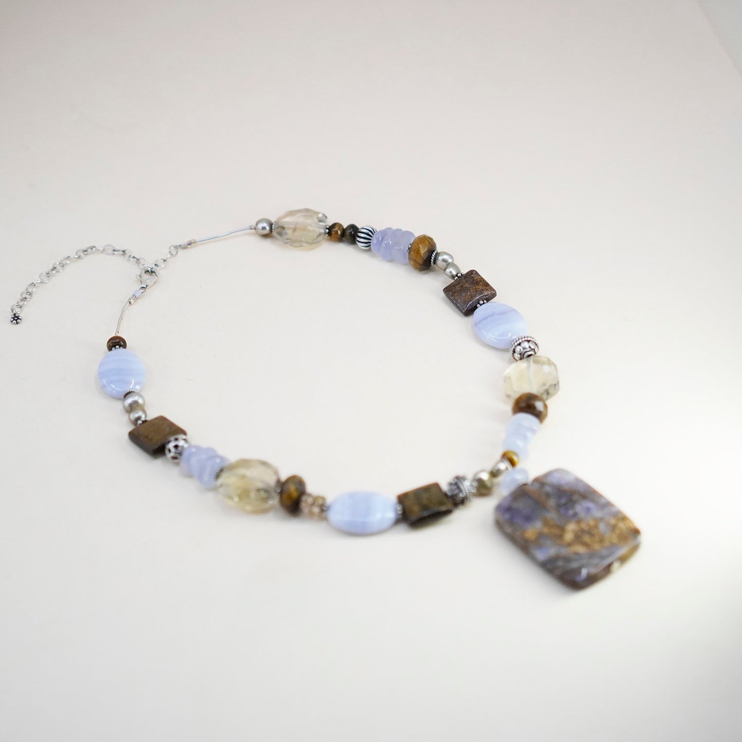 15+2.5”, handmade Checker Cut lace agate citrine golden tiger eye pendant