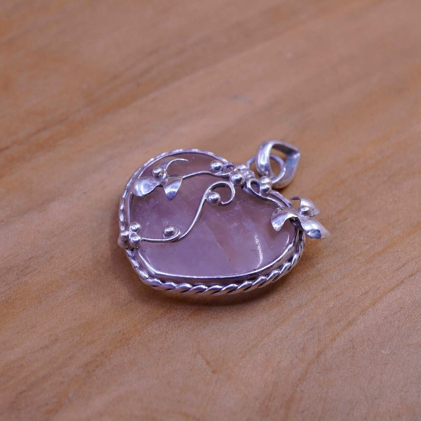 Vintage Sterling silver handmade pendant, 925 heart with pink quartz