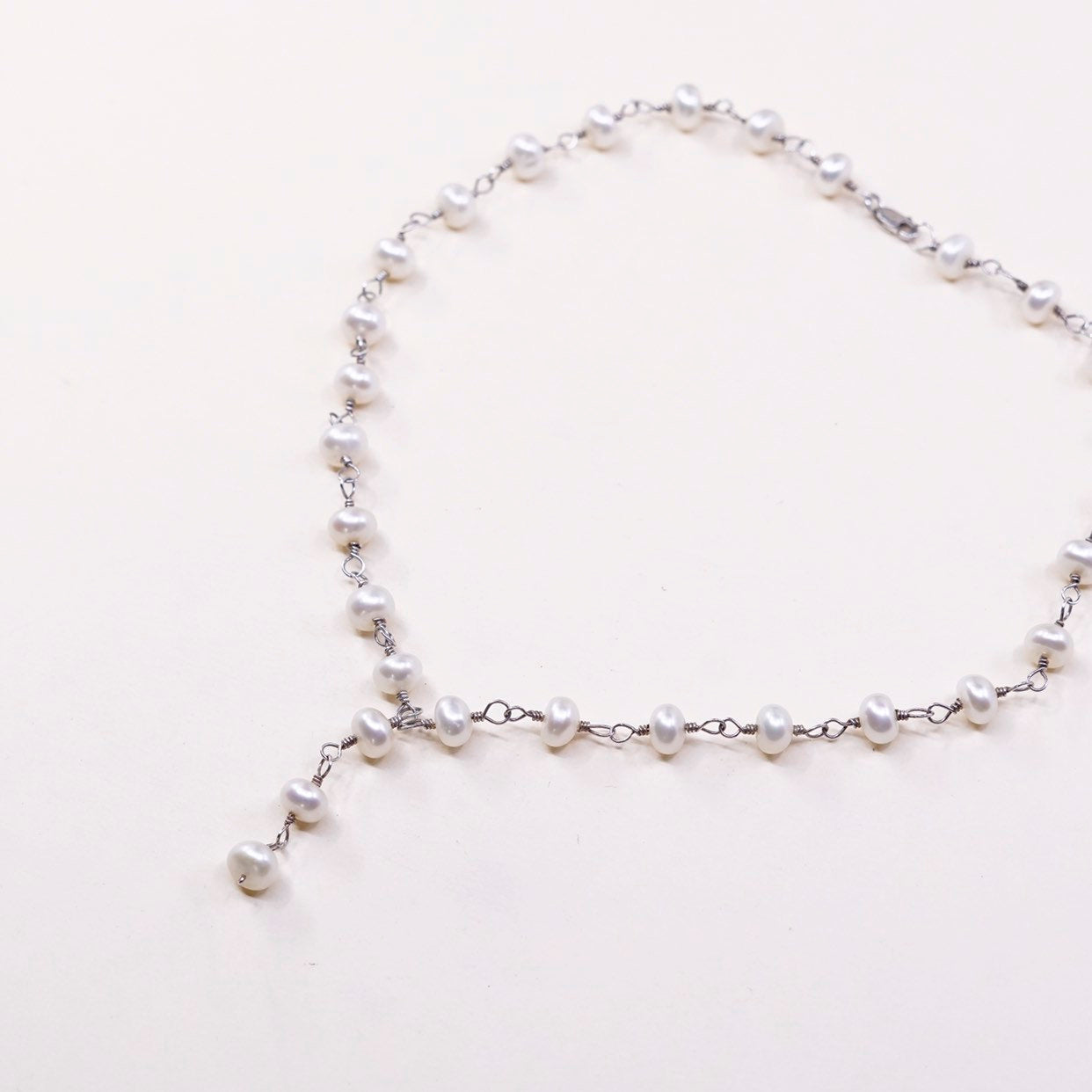 16", vtg italy handmade Sterling silver bead link chain with pearl beads