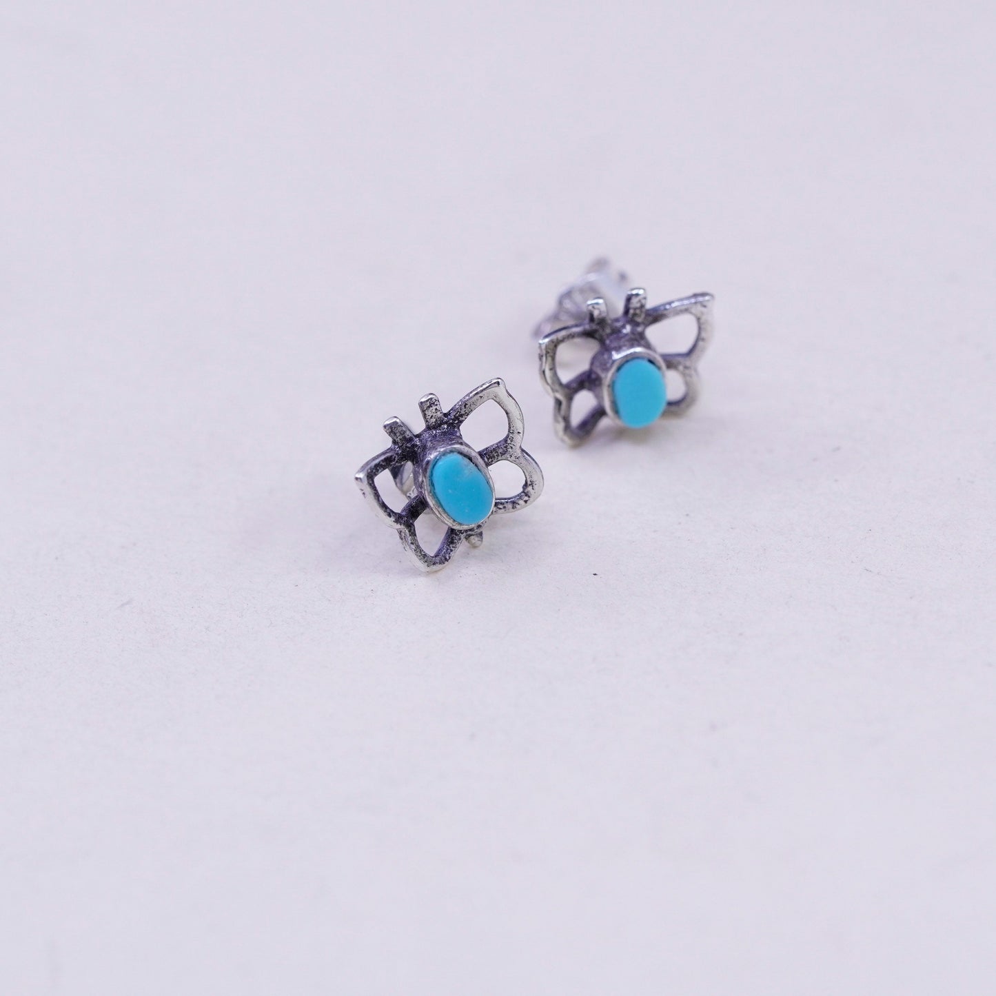 Vintage sterling 925 silver handmade butterfly studs, earrings with turquoise