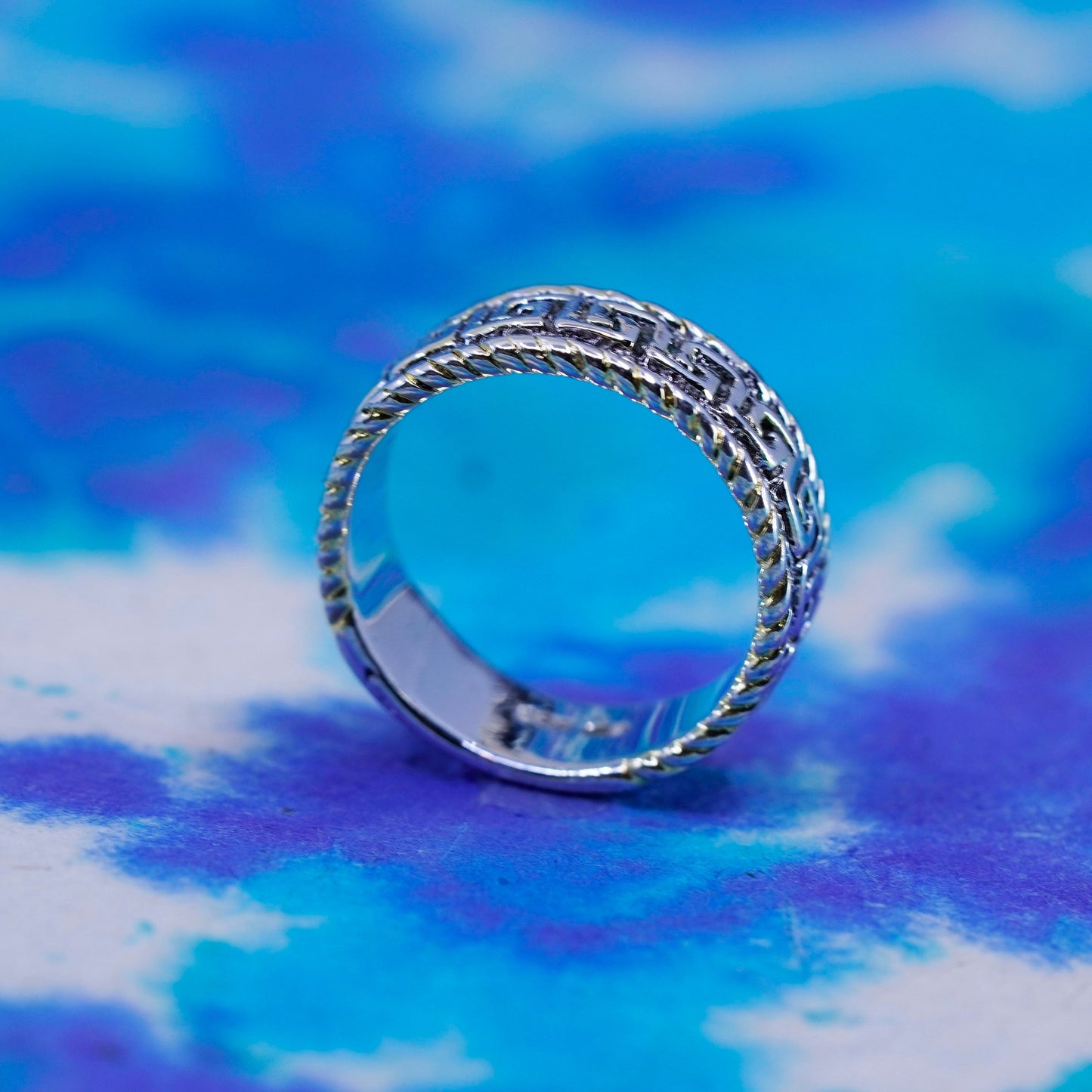 Size 7.5, vintage sterling silver handmade ring, 925 band embossed Greek key