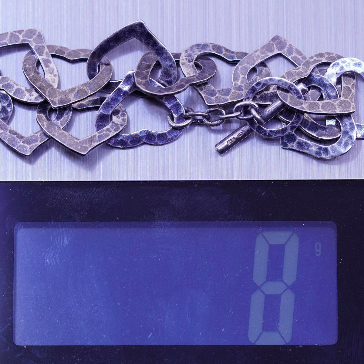 6.25”, Vintage sterling silver hammered oxidized heart bracelet, 925 chain