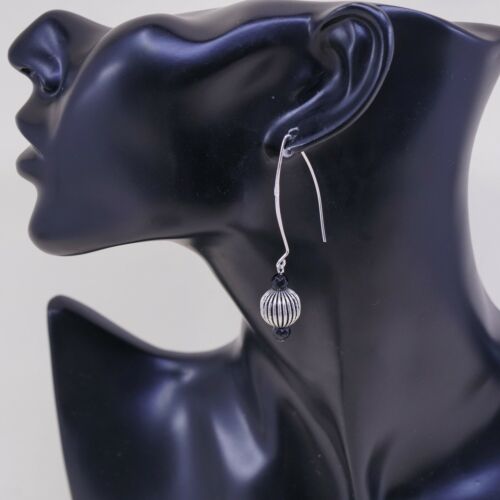 Vtg Mexico Sterling Silver Handmade Earrings, 925 Ribbed Bead W Dangles