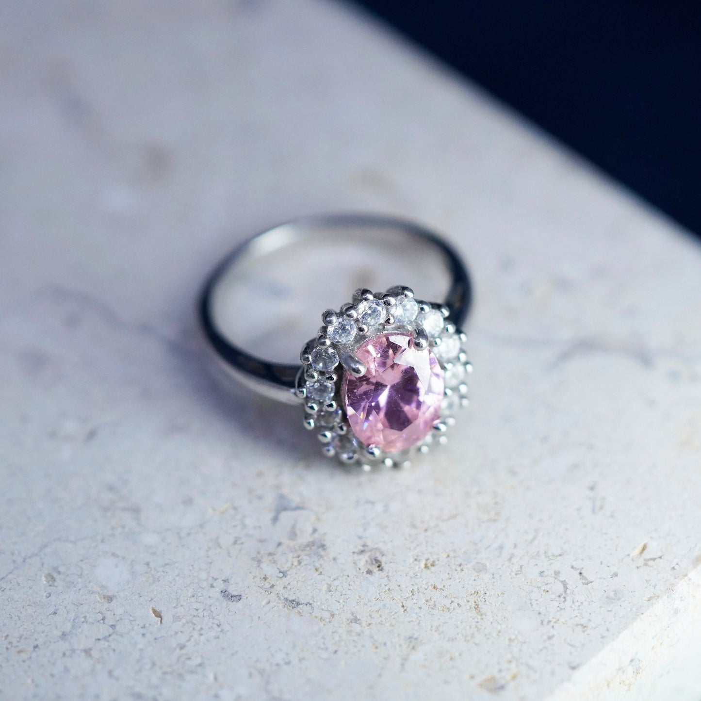 Size 6.25, vintage Sterling 925 silver ring with pink and clear crystal stones