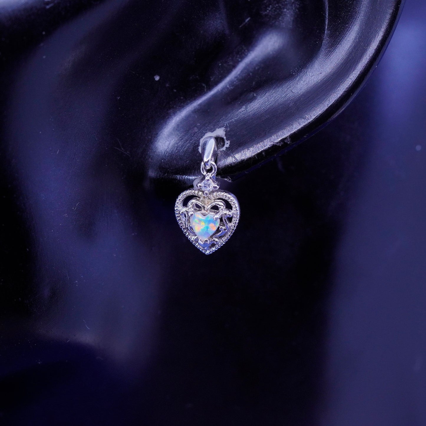 Vintage sterling 925 silver filigree heart earrings with fire opal