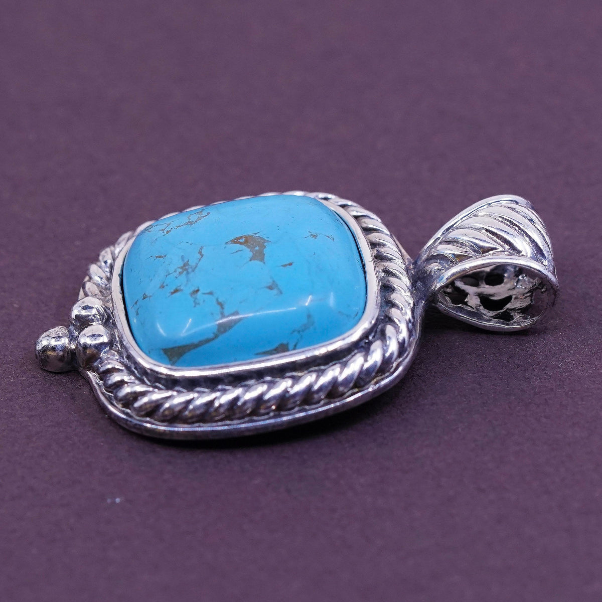 GSN Sterling silver handmade square pendant, Mexico 925 w/ turquoise N cable