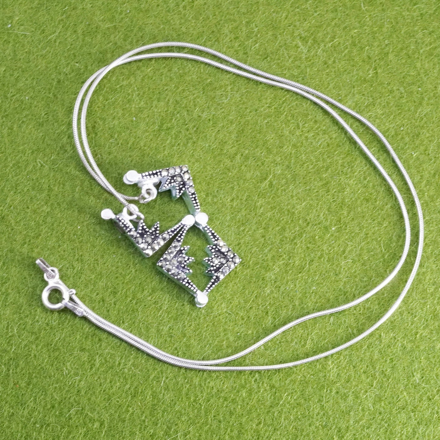 20”, sterling 925 silver necklace, snake chain w/ marcasite triangular pendant