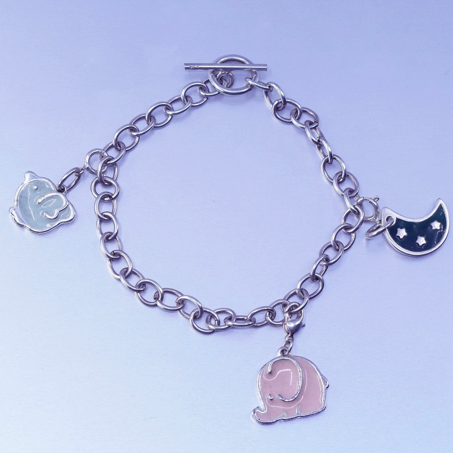 6.75”, Sterling 925 silver bracelet circle chain moon enamel elephant charms