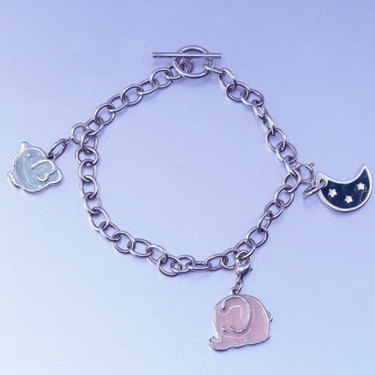 6.75”, Sterling 925 silver bracelet circle chain moon enamel elephant charms