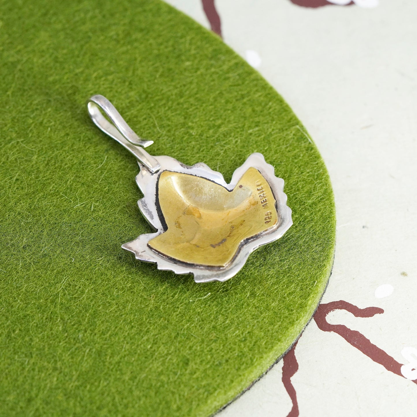 Vintage Sterling silver handmade pendant, 925 maple leaf with brass