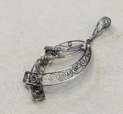 Vtg Handmade Sterling Silver .925 Bali Marquis Filigree Style Pendant