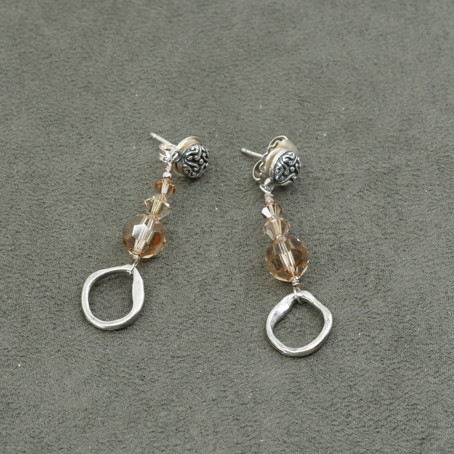 Vintage Sterling silver handmade earrings, 925 circle w/ yellow crystal beads