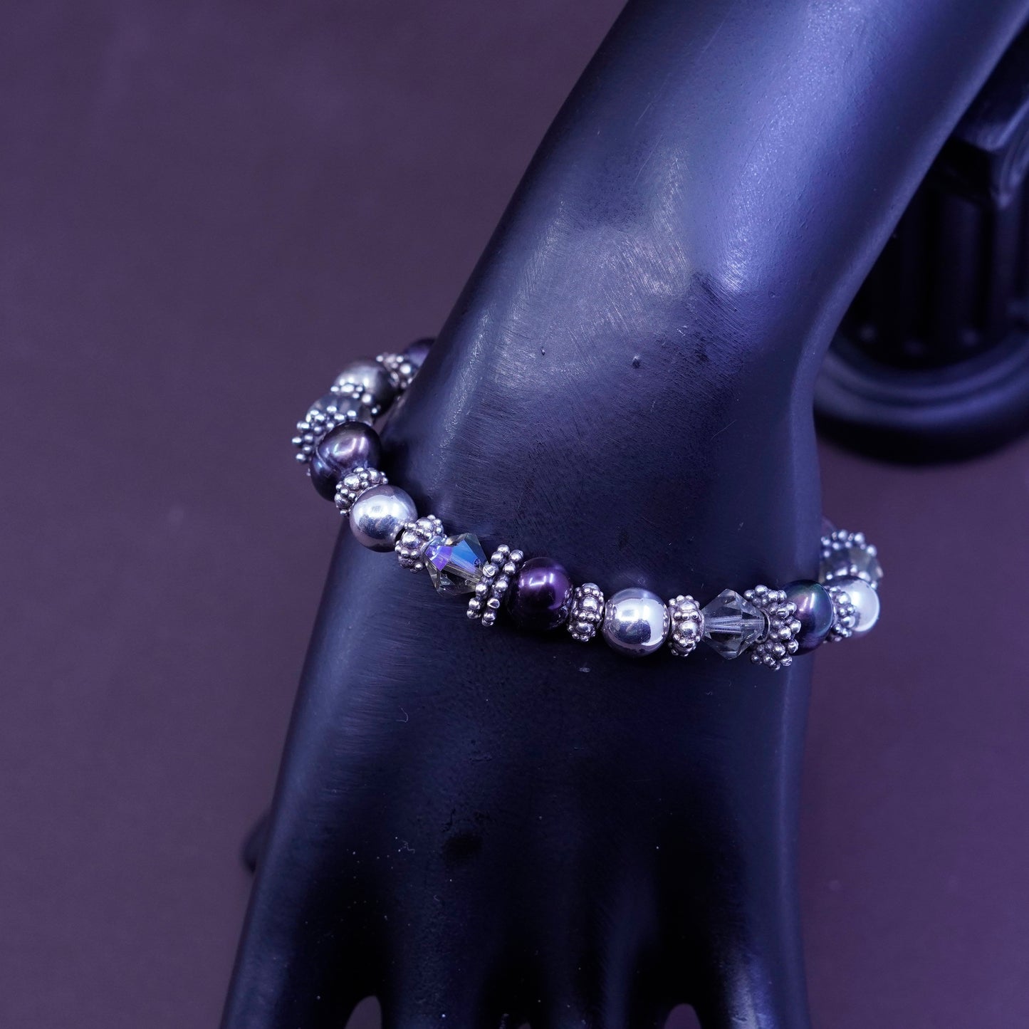 6.75”, Sterling 925 silver handmade beads bracelet with black pearl and crystal