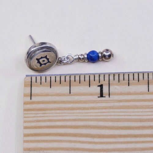 Vtg 925 Sterling Silver Handmade Earrings with Ancient Eye Embossed N Sodalite