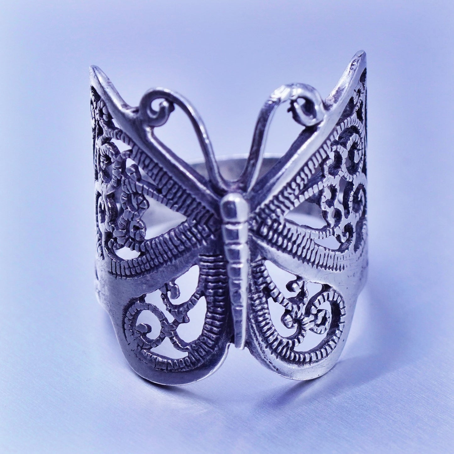 Size 8, southwestern Sterling 925 silver handmade ring, filigree butterfly band