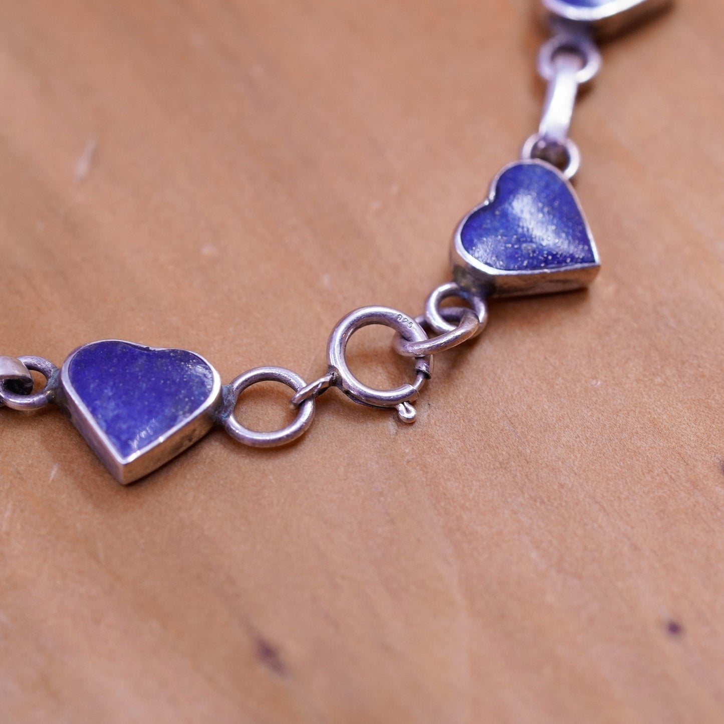 7.25”, vintage Sterling silver handmade bracelet, 970 chain lapis lazuli heart