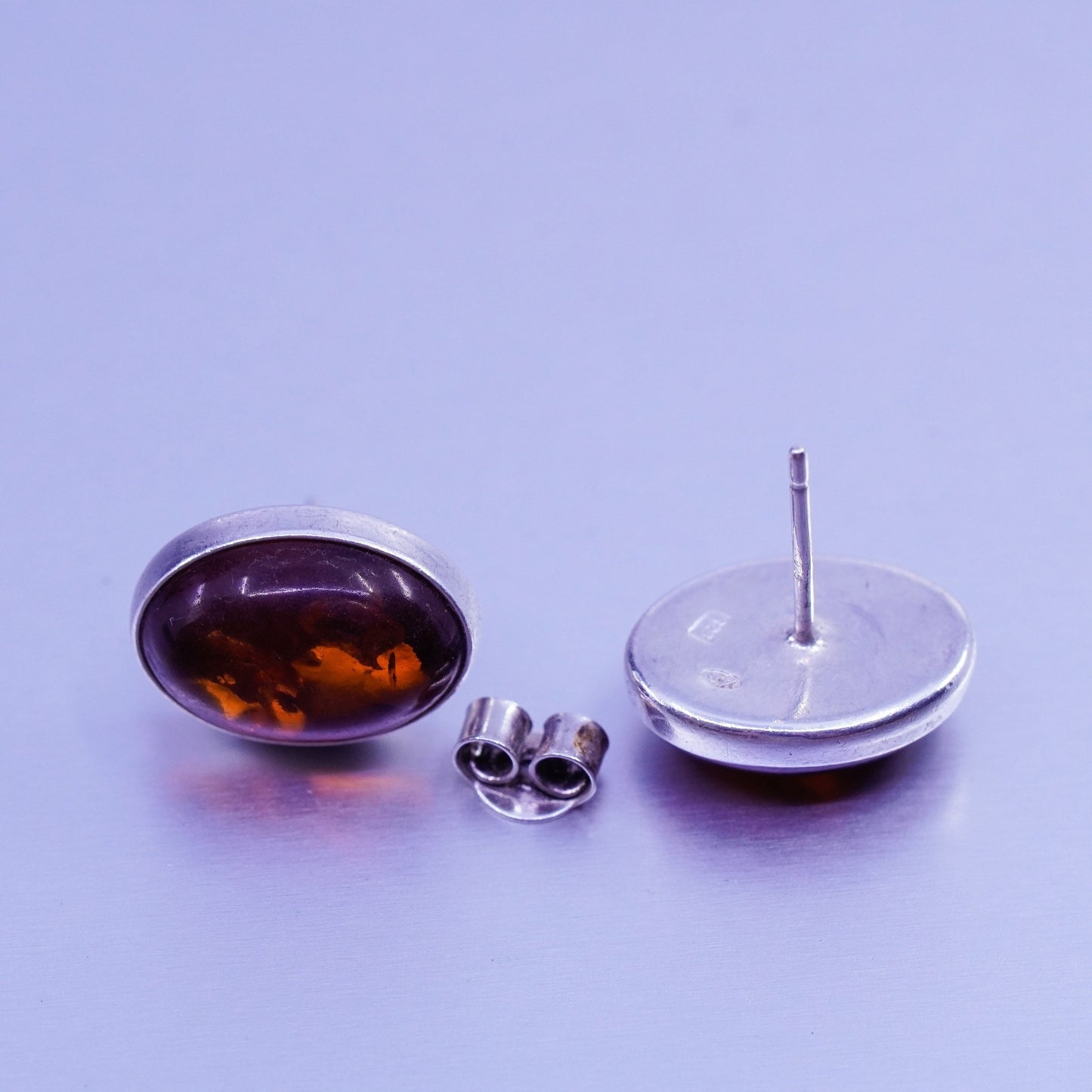 Vintage Sterling 925 silver handmade earrings, studs with oval Amber