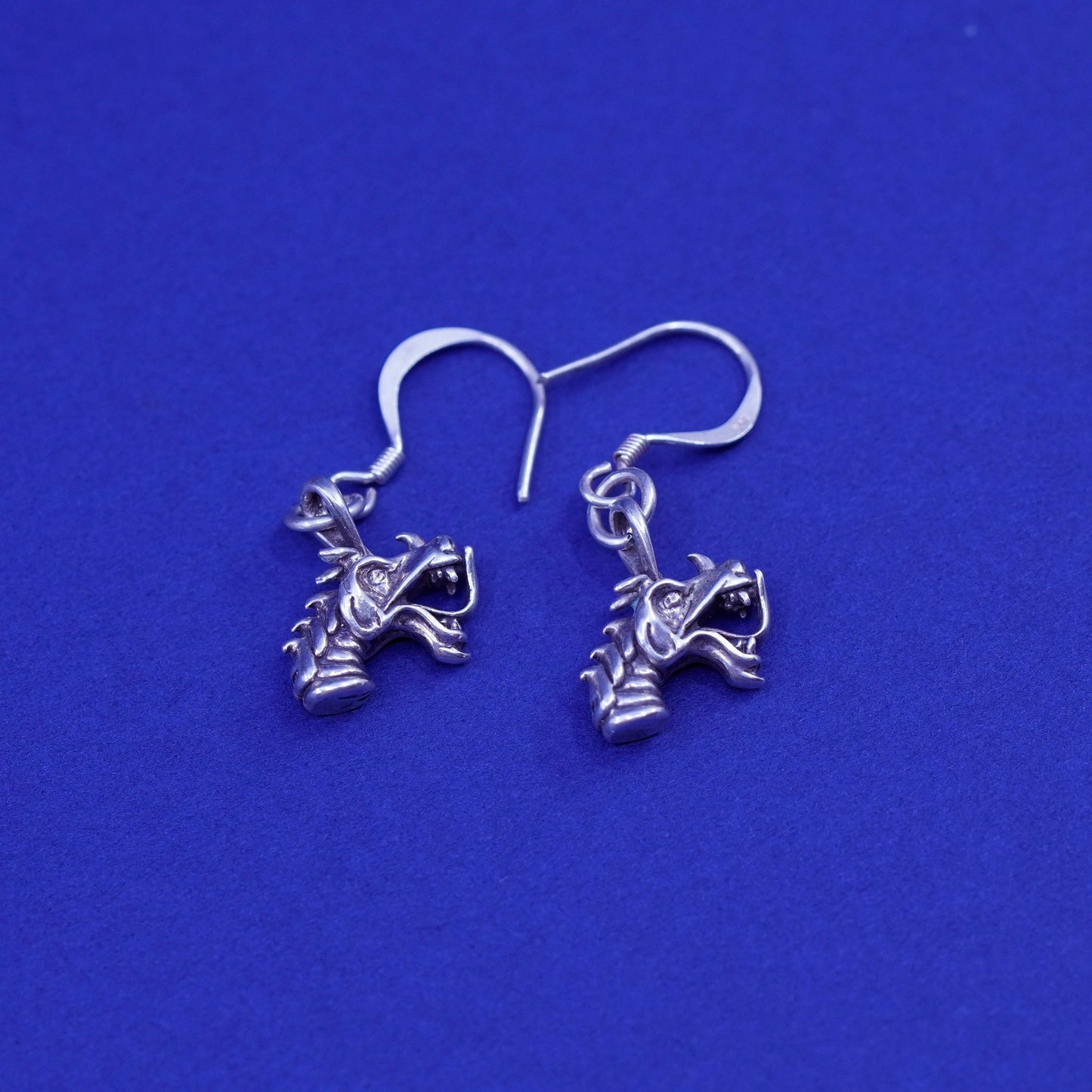 Vintage Sterling silver handmade earrings, 925 dragon head dangled