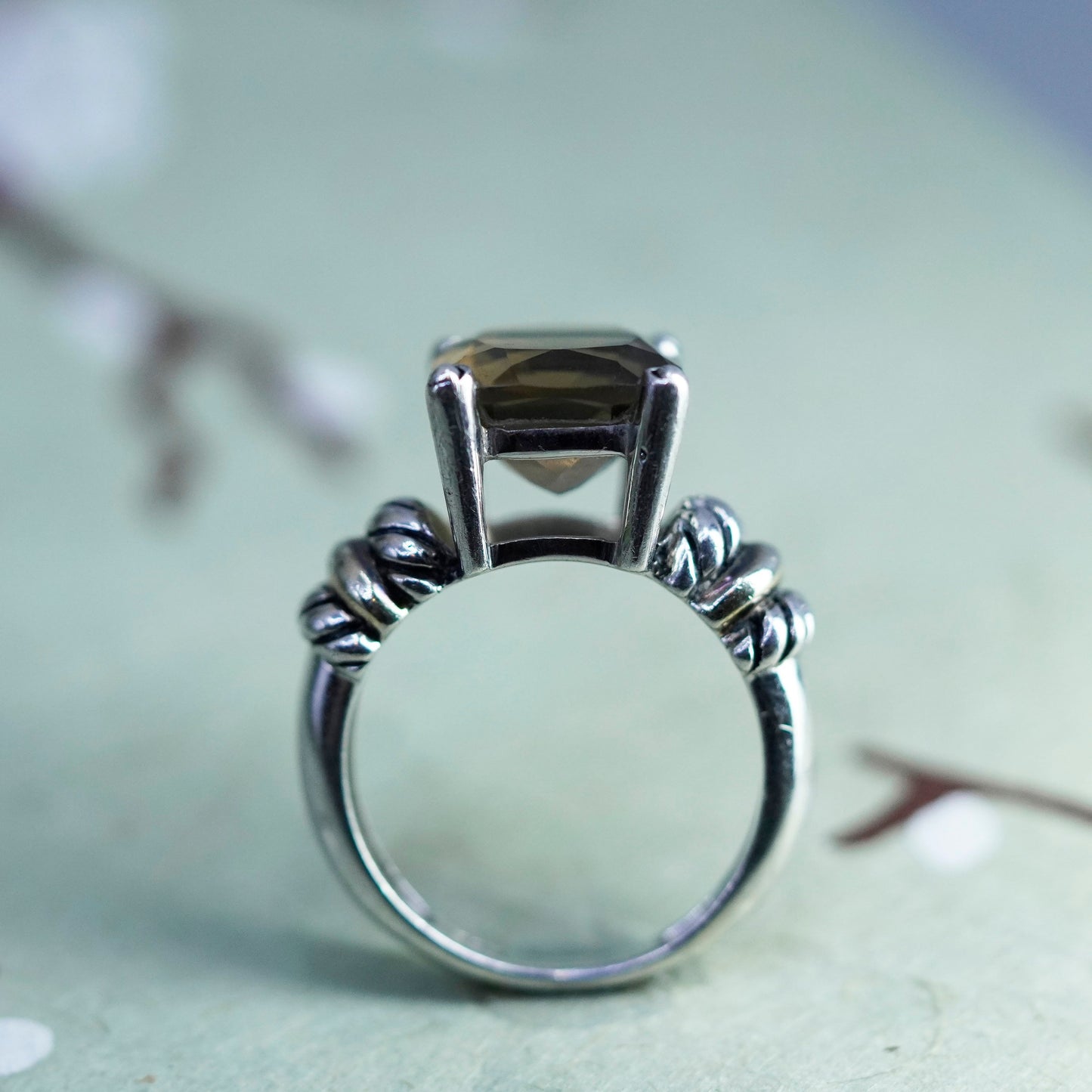 Size 6, Vintage sterling 925 silver handmade ring with square smoky topaz