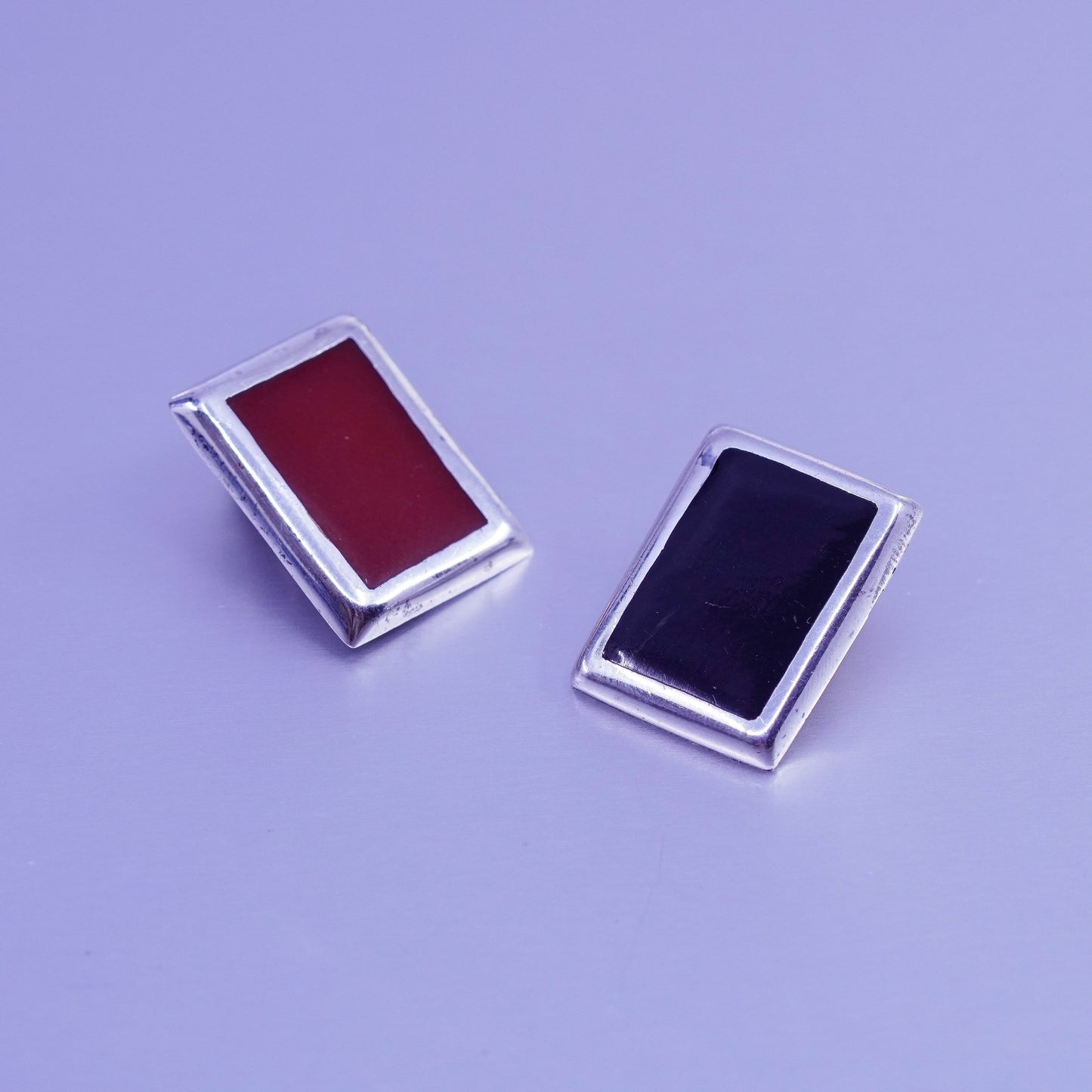 Sterling 925 silver handmade earrings, rectangular clip on red and black enamel