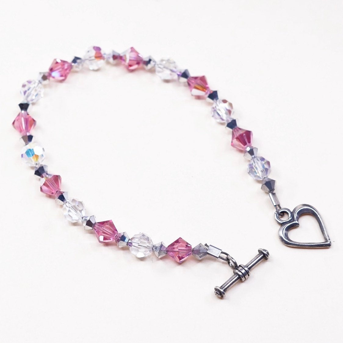 6.5”, VTG Sterling silver handmade bracelet, 925 heart toggle w/ pink crystal