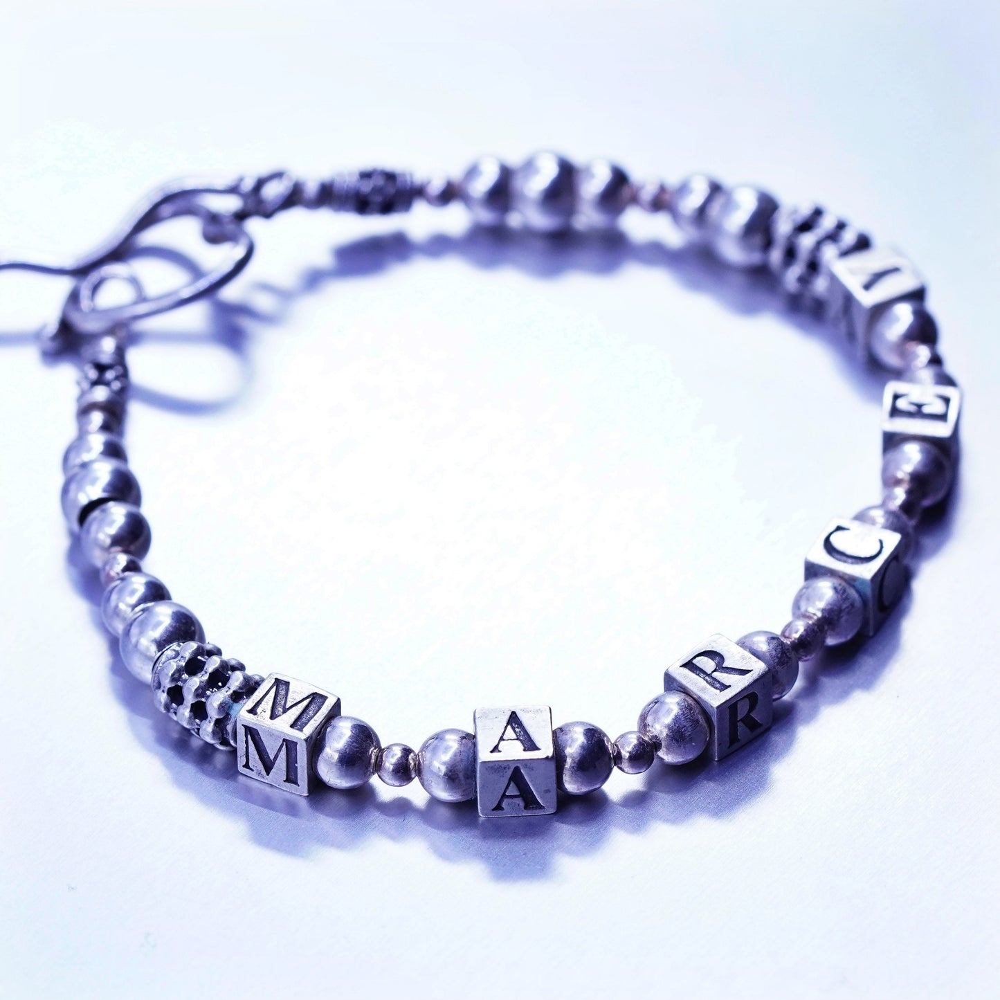 7”, vintage Sterling 925 silver bracelet with cube letter beads “Marcey”