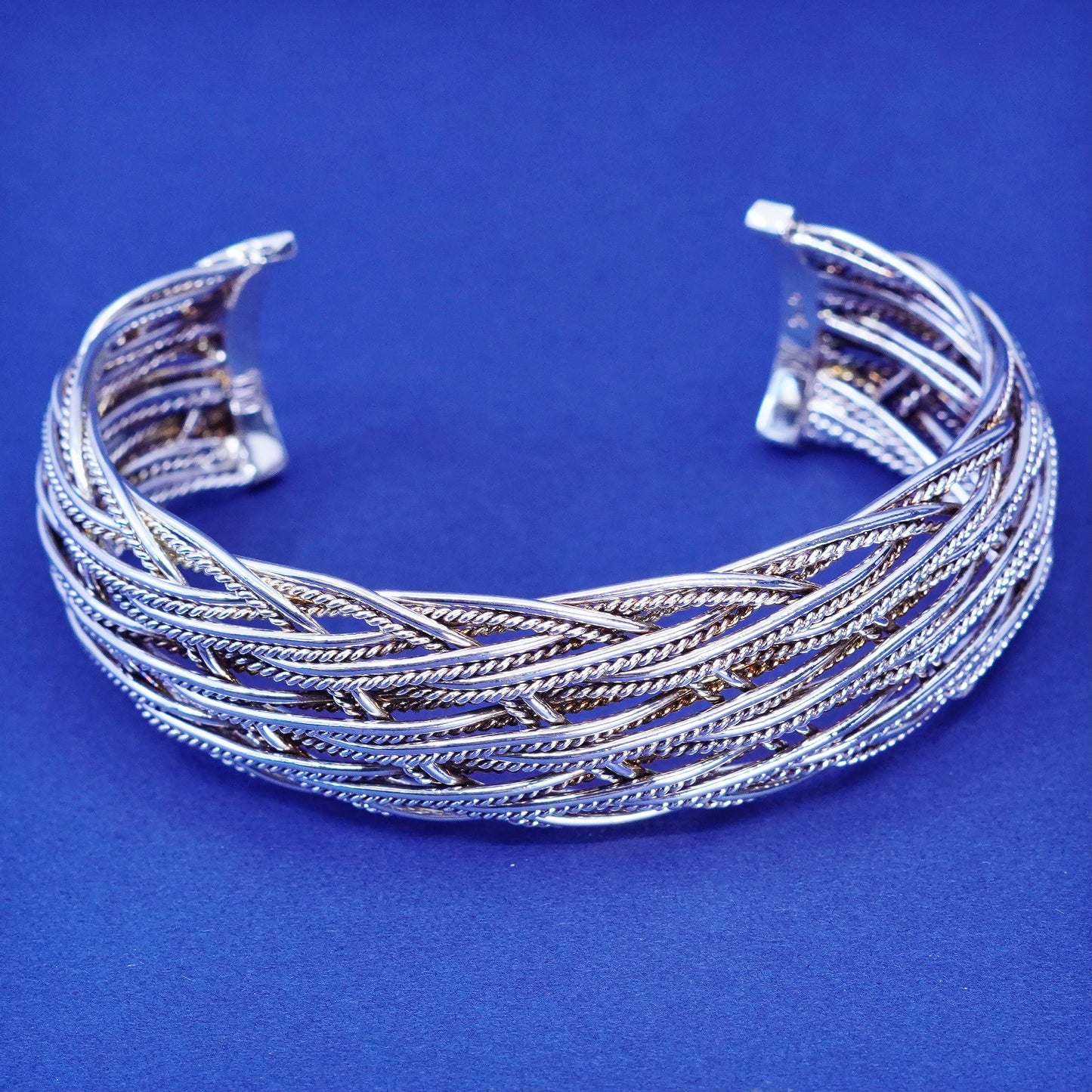 7”, vtg sterling silver handmade bracelet, wide 925 silver braided woven cuff