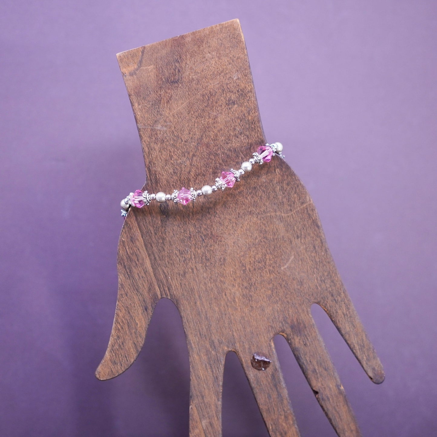 6.75”, Sterling silver bracelet, 925 beads crystal breast cancer ribbon charm