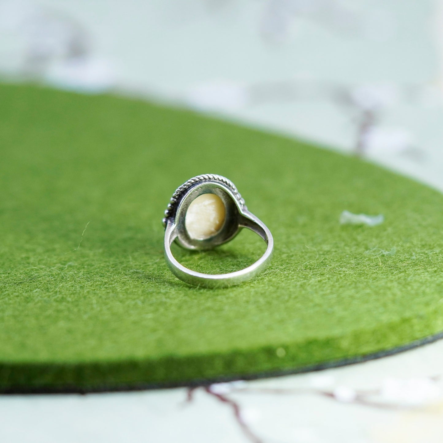 Size 8.75, Vintage sterling silver handmade ring with oval mother of pearl