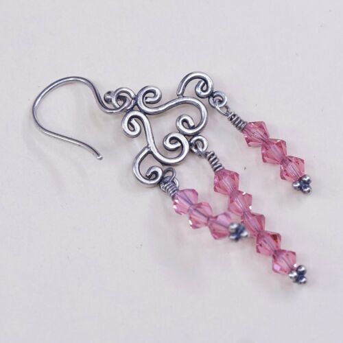 Vtg Sterling 925 silver Handmade Swirly Heart earrings w/ Pink Crystal Dangles