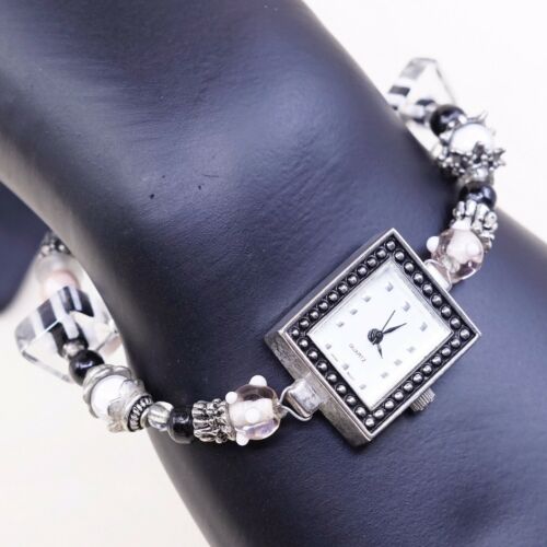 6.5”, Vtg Watch With Handmade Sterling 925 Silver Clasp And Beads Bracelet Band