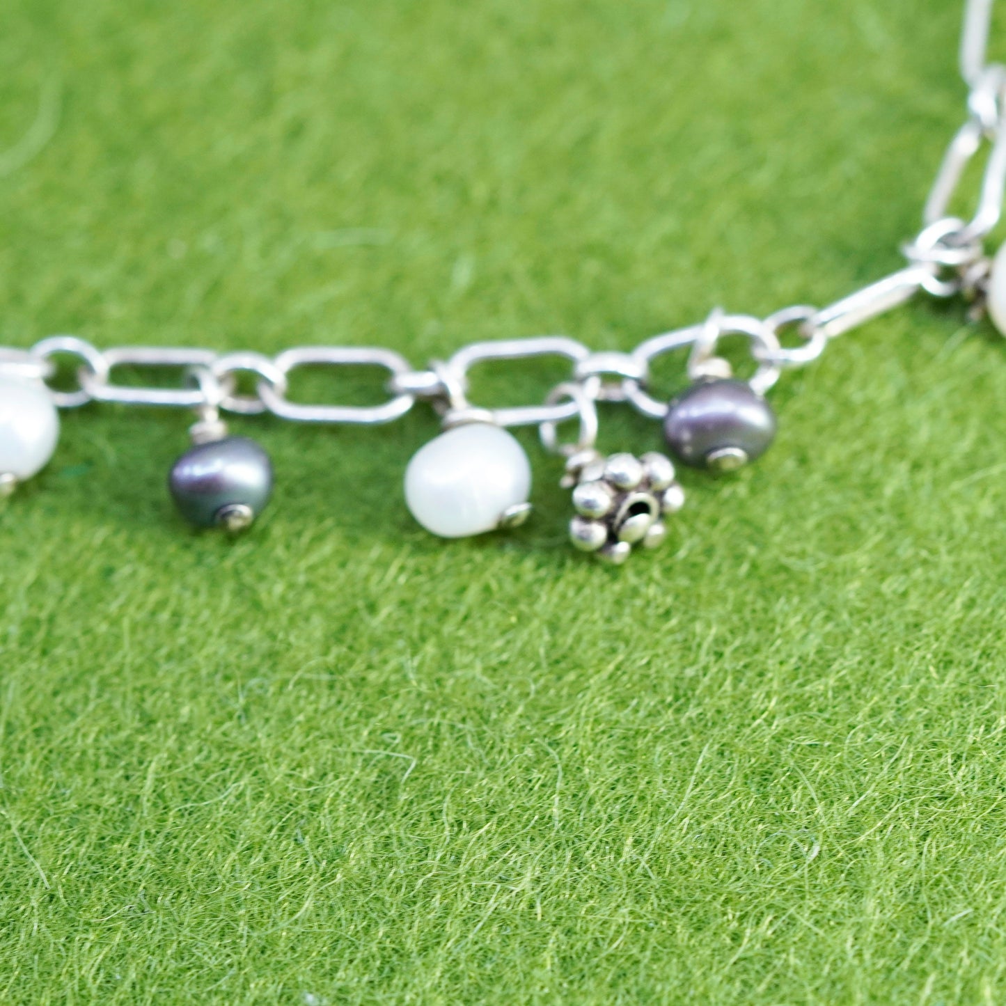 6.75”, Vintage handmade bracelet, elongated chain with freshwater pearl beads